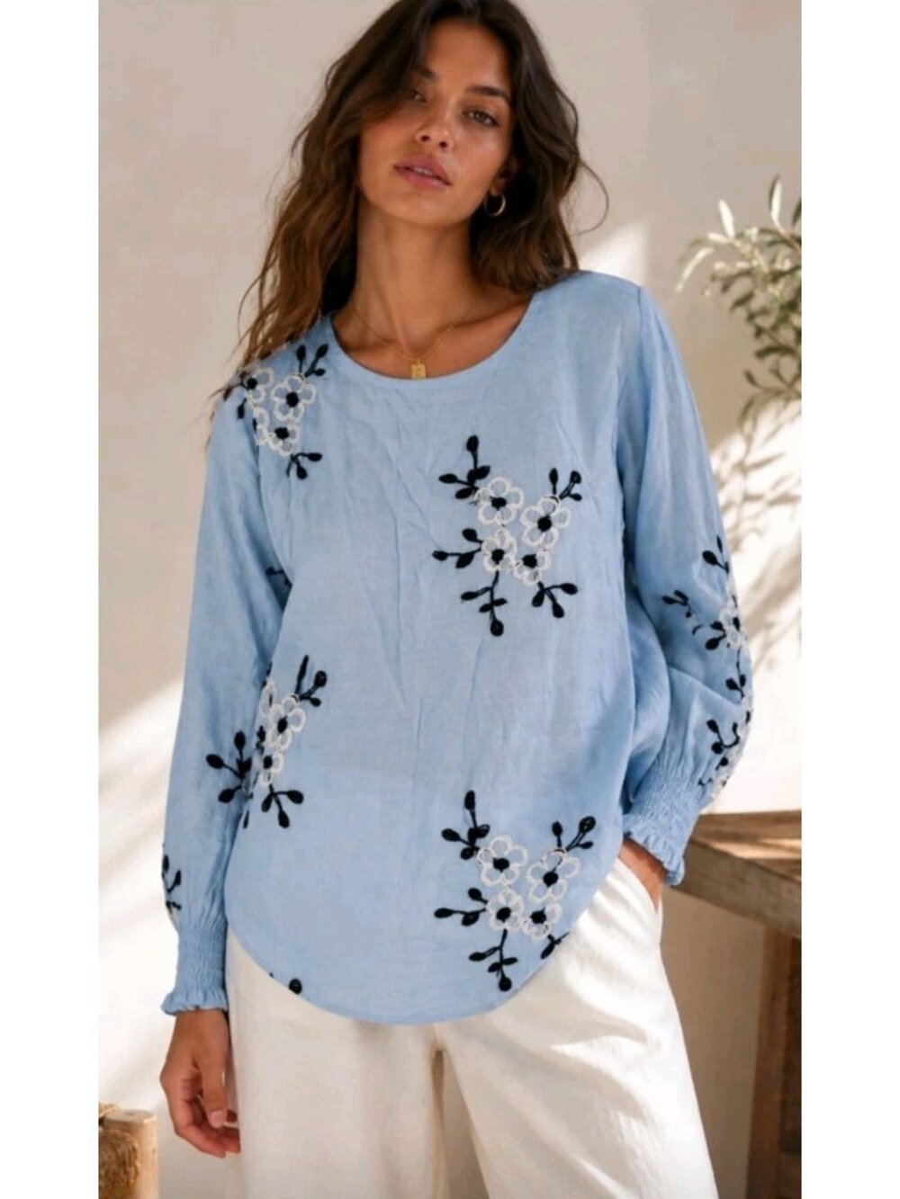 Sapphire Semi-Sheer Blouse Boho Embroidered Casual Long Sleeve Size S Blue